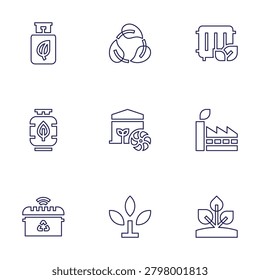 Ecology icon set. Line style. Editable stroke. biogas, recycle sign, cooling system, heating, smart trash, sprout, industry, plant.