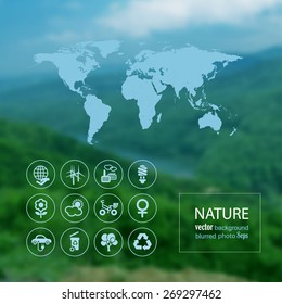 Ecology icon set and map on the blurred photo background. Vector illustration