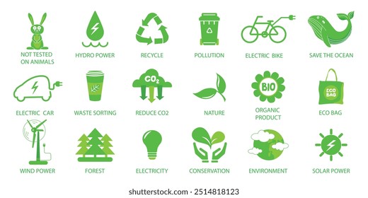 Conjunto de iconos de ecología. Naturaleza, reciclaje, energía renovable, bici eléctrica, pover solar, medio ambiente, bosque, bolso del eco, energía eólica, símbolo verde. Colección de Vector de iconos sólidos.