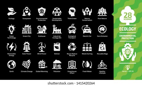 Ecology icon set on a black background with think green, ecological city, eco technology, renewable energy, environment protection, sustainable development, nature conservation and fresh water signs.