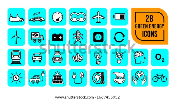 Ecology icon set\
in outline style. Green Energy, Global Warming, Climate Change,\
Fuel and Transportation\
icons.