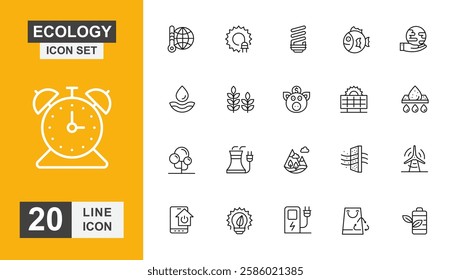 Ecology icon set. Pollution, recycling, energy, global, light bulb and more line icon.