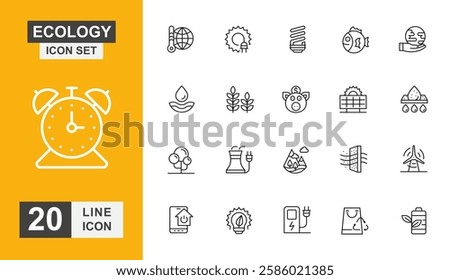 Ecology icon set. Pollution, recycling, energy, global, light bulb and more line icon.