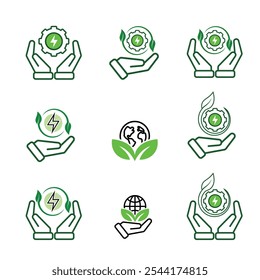Ecology icon set. renewable energy, environmental protection, earth, leaves, recycling, green energy, green icon. mixed design style. energy, resources