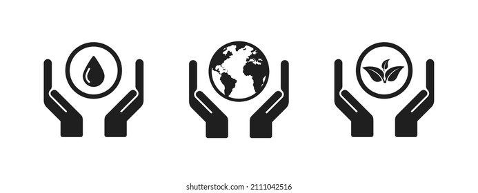 Ecology icon set. Save planet. Ecology icon for represent saving the earth and earth resources. Environmental economics, social responsibility for nature. Hands holding planet Earth. Vector