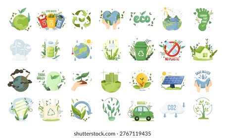 Ecology icon set showing eco symbols in flat style on white background as concept of sustainability. Vector illustration