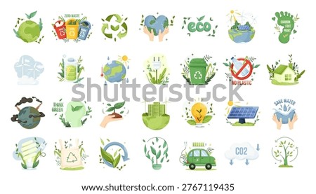 Ecology icon set showing eco symbols in flat style on white background as concept of sustainability. Vector illustration
