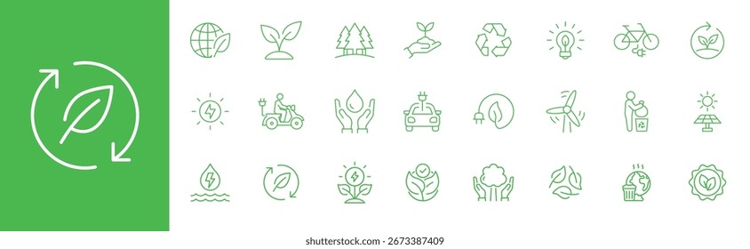 Ecology icon set. Simple outline style. Environment, sustainability, nature, recycle, renewable energy, electric bike, eco friendly, forest, wind power, green concept. Line symbol.