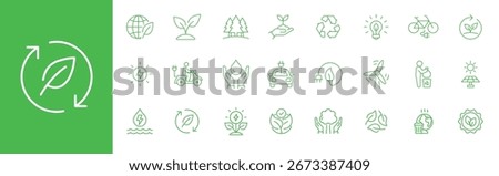 Ecology icon set. Simple outline style. Environment, sustainability, nature, recycle, renewable energy, electric bike, eco friendly, forest, wind power, green concept. Line symbol.