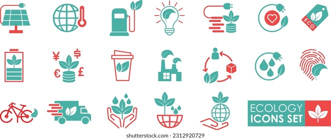 Ecology icon set. Solid icon style. Nature and Renewable Energy colorful linear icons. Eco-friendly vector sign collection.