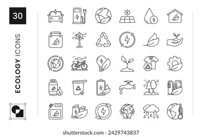 Ecology icon set. sustainability, climate change, renewable, biological, planet, solar, globe. Vector outline illustration