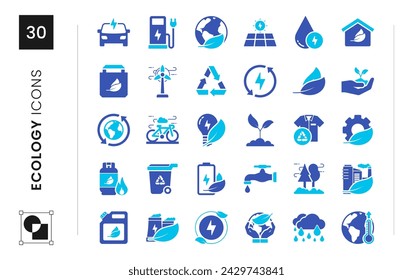 Ecology icon set. sustainability, climate change, renewable, biological, planet, solar, globe. Vector Blue illustration