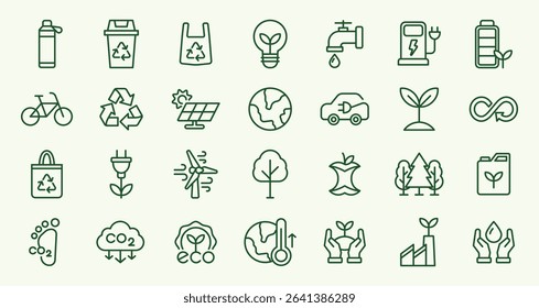 Ecology Icon Set. Sustainability, Zero Waste, Renewable Energy, Carbon Footprint. Editable Stroke Vector