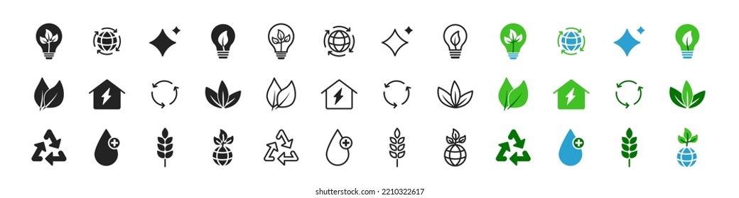 Ecology icon set. Symbols of green environment. Eco friendly flat signs. Planet care concept. Vector illustration.