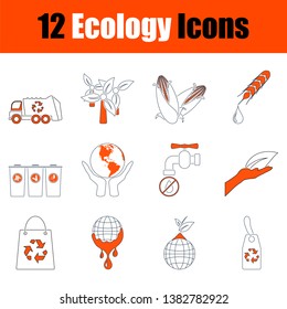 Conjunto de iconos de ecología. Ligera Con El Diseño Naranja. Ilustración vectorial totalmente editable. Texto expandido.