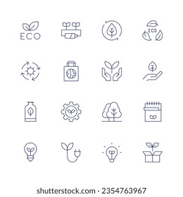 Ecology icon set. Thin line icon. Editable stroke. Containing eco friendly, eco energy, eco, solar energy, eco bag, ecology, environmental protection, packaging, gear, trees, notebook, light bulb.