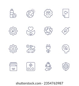 Ecology icon set. Thin line icon. Editable stroke. Containing plastic bottle, greenhouse effect, supply, paper recycle, gear, organic, recycling, label, water system, electric car, save energy.