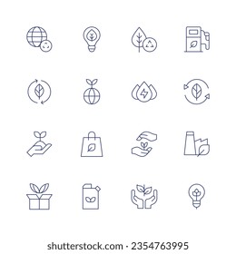 Symbol für Ökologie gesetzt. Dünne Linie Symbol. Bearbeitbarer Strich. Mit Recycling, Öko, grüner Energie, Blatt, Nachhaltigkeit, hydraulische Energie, Recycling, Pflanzen, Einkaufstaschen, Wachstum, grüne Fabrik, nachhaltig.