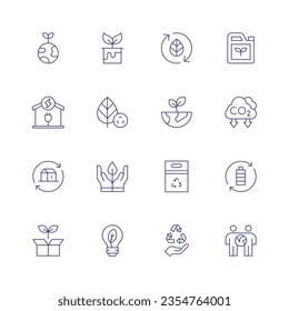 Conjunto de iconos de ecología. Icono de línea delgada. Trazo editable. Conteniendo ecológicamente amigable, colorante, hoja, biocombustible, eco-house, reciclado, planta, dióxido de carbono, casa, sustentable, bolso de papel, reciclado, energía verde.