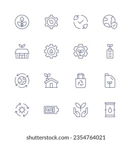 Ecology icon set. Thin line icon. Editable stroke. Containing non toxic, ecology and environment, ecology, ecologism, eco hotel, eco, green technology, eco battery, circular economy, eco house.