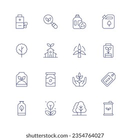 Ecology icon set. Thin line icon. Editable stroke. Containing battery, ecology, detergent, fuel, tree, wind energy, sprout, packaging, plant, eco tag, packaging, bio, trees, energy.