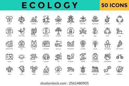 Ecology icon set with tshirt, go green, mountains, windmill, gas energy, pole, plant a tree, save the earth, green earth, leaves icon. Simple line vector 
