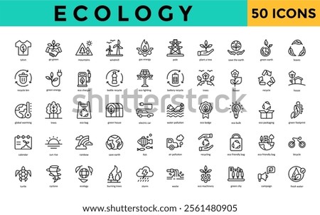 Ecology icon set with tshirt, go green, mountains, windmill, gas energy, pole, plant a tree, save the earth, green earth, leaves icon. Simple line vector 
