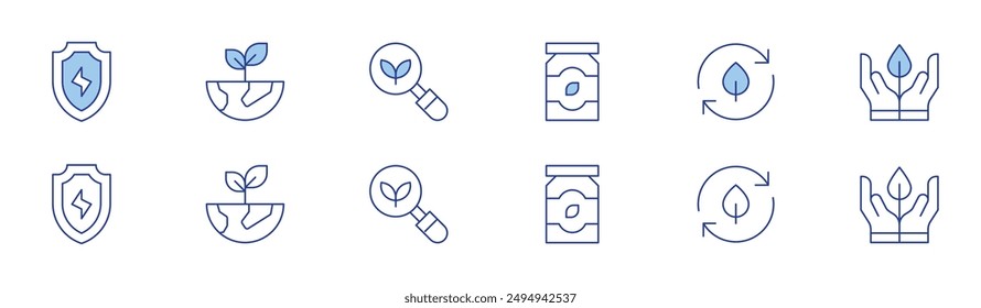 Ecology icon set in two styles, Duotone and Thin Line style. Editable stroke. save energy, ecology, eco packaging, recycling, sustainable, plant.