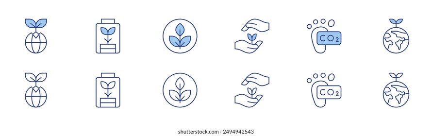 Ecology icon set in two styles, Duotone and Thin Line style. Editable stroke. growth, earth, carbon footprint, green earth, non toxic, eco battery.