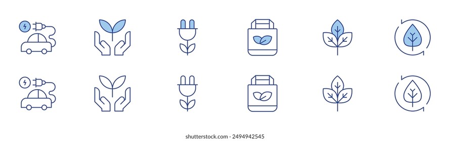 Ecology icon set in two styles, Duotone and Thin Line style. Editable stroke. organic, ecology, electric car, save energy, eco bag, eco.
