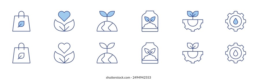 Ecology icon set in two styles, Duotone and Thin Line style. Editable stroke. engineering, shopping bag, ecology, sprout, water system, organic.