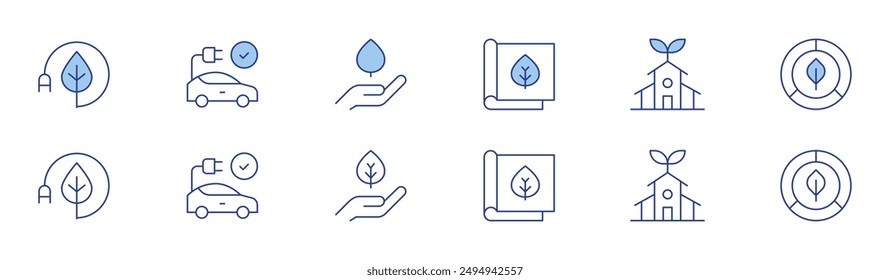 Ecology icon set in two styles, Duotone and Thin Line style. Editable stroke. electric car, eco, eco friendly, ecology, energy saving, environmental protection.