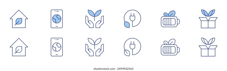 Ecology icon set in two styles, Duotone and Thin Line style. Editable stroke. eco, eco battery, house, sustainable, phone, ecology.