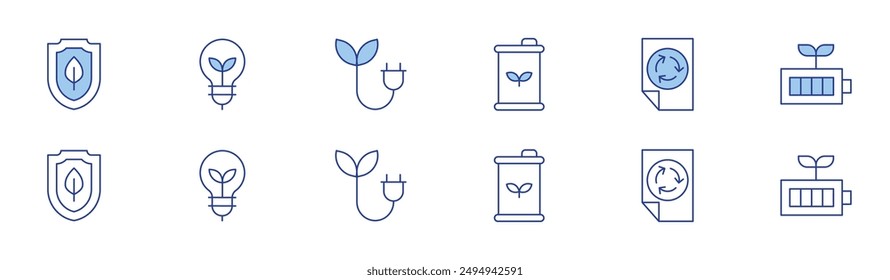 Ecology icon set in two styles, Duotone and Thin Line style. Editable stroke. eco friendly, protection, eco energy, paper recycle, green energy, light bulb.