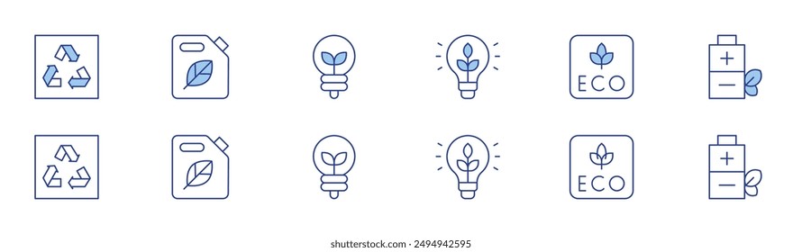 Ecology icon set in two styles, Duotone and Thin Line style. Editable stroke. eco light, sustainable energy, eco fuel, eco battery, eco friendly, recycle.