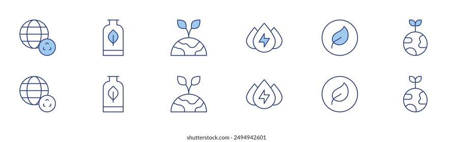 Icono de ecología establecido en dos estilos, Duotone y Thin Line. Ecológico, ecológico, energía hidráulica, reciclaje, embalaje.