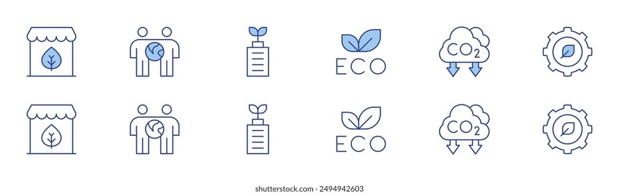 Ecology icon set in two styles, Duotone and Thin Line style. Editable stroke. eco battery, gear, shop, friends, carbon dioxide, eco friendly.