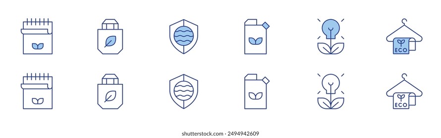 Ecology icon set in two styles, Duotone and Thin Line style. Editable stroke. eco bag, eco friendly, eco product, bio, safe, notebook.