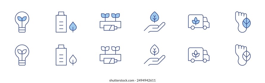 Ökologie-Symbol in zwei Stilen, Duotone und Thin Line Stil gesetzt. Editierbarer Strich. Verteilung, Öko-Batterie, Umweltschutz, CO2-Fußabdruck, Birne, Öko-Energie.