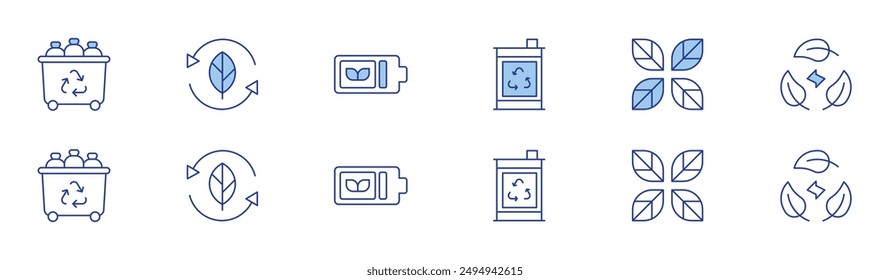 Icono de ecología establecido en dos estilos, Duotone y Thin Line. Biología, sostenibilidad, reciclaje, eco batería, cubo de basura, medio ambiente.