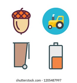 ecology icon set. vector set about tractor, battery, garbage and acorn icons set.