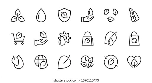 Ecology Icon Set, Vector lines, contains icons such as photosynthesis, Enviroment protection, Eco-friendly package, growth time, Editable stroke, perfect 48x48 pixels, White background.