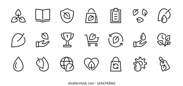 Ecology Icon Set, Vector lines, contains icons such as photosynthesis, Enviroment protection, Eco-friendly package, growth time, Editable stroke, perfect 48x48 pixels, White background.