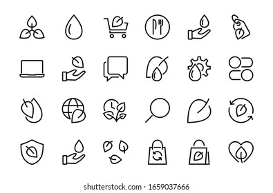 Ecology Icon Set, Vector lines, contains icons such as photosynthesis, Enviroment protection, Eco-friendly package, growth time, Editable stroke, perfect 48x48 pixels, White background.