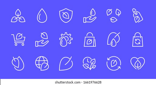 Ecology Icon Set, Vector lines, contains icons such as photosynthesis, Enviroment protection, Eco-friendly package, growth time, Editable stroke, perfect 48x48 pixels, White background.