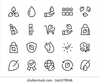 Ecology Icon Set, Vector lines, contains icons such as photosynthesis, Enviroment protection, Eco-friendly package, growth time, Editable stroke, perfect 48x48 pixels, White background.