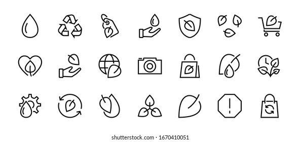 Ecology Icon Set, Vector lines, contains icons such as photosynthesis, Enviroment protection, Eco-friendly package, growth time, Editable stroke, perfect 48x48 pixels, White background.