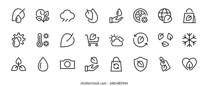 Ecology Icon Set, Vector lines, contains icons such as photosynthesis, Enviroment protection, Eco-friendly package, growth time, Editable stroke, perfect 48x48 pixels, White background.