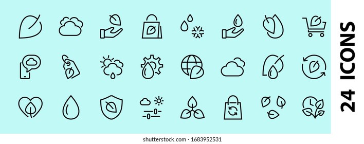 Ecology Icon Set, Vector lines, contains icons such as photosynthesis, Enviroment protection, Eco-friendly package, growth time, Editable stroke, perfect 48x48 pixels, White background.