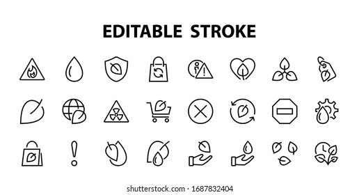 Ecology Icon Set, Vector lines, contains icons such as photosynthesis, Enviroment protection, Eco-friendly package, growth time, Editable stroke, perfect 48x48 pixels, White background.